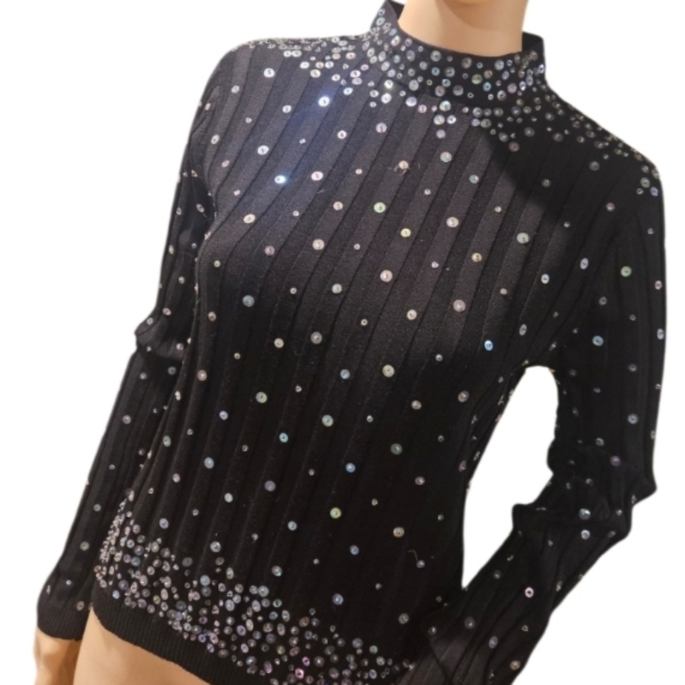 COLETTE MORDO Vintage Black Silk Ribbed Sequin Mock Neckline Sweater Medium.
